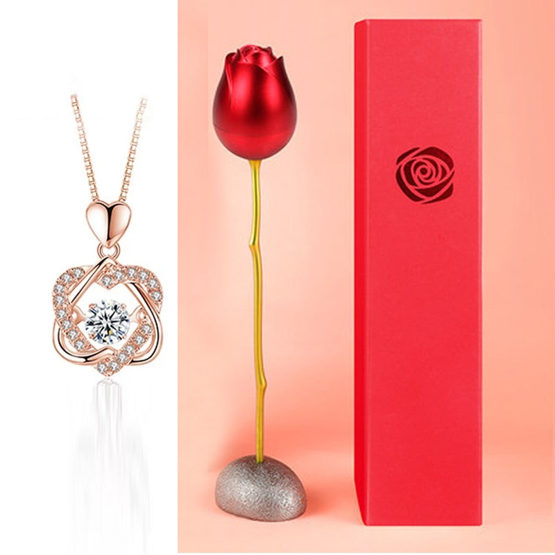 Colgante de doble corazón + Estuche con forma de Rosa de regalo